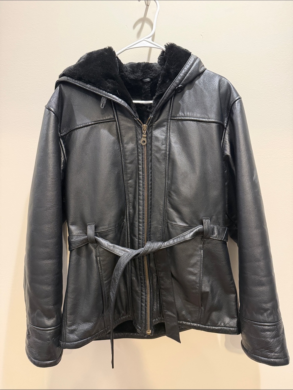 Black Leather Hooded Jacket with Belt